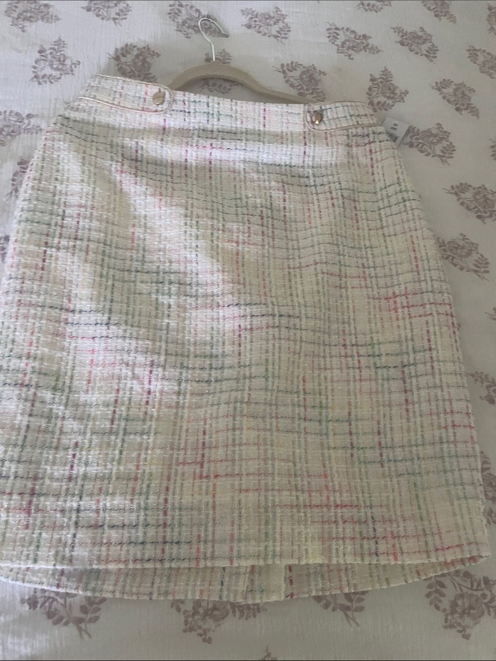 Cream Tweed Pencil Skirt with Pastel Check Detail